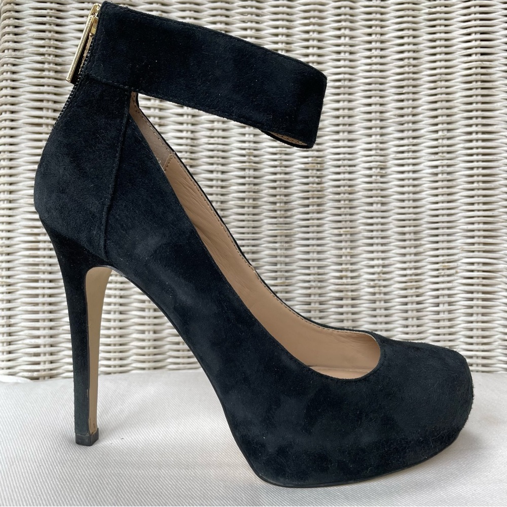 BCBG Black Suede Ankle Strap Very High Sexy Heels